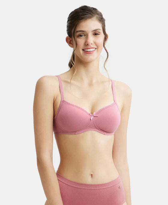 Jockey 1723 T-Shirt Bra| Wirefree | Padded | Medium Coverage | Lace Styling with Adjustable Straps | Super Combed Cotton Elastane Fabric