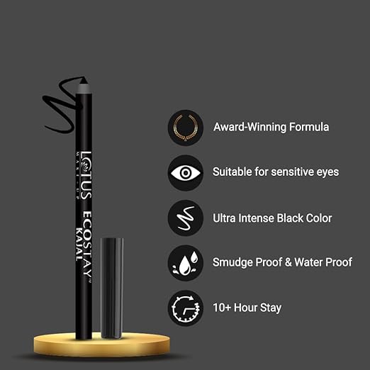 Lotus Makeup Ecostay Kajal | Kohl Pencil | Long-Lasting | Intense Black | Waterproof & Smudgeproof | Suitable for Sensitive eyes | 1.2gms