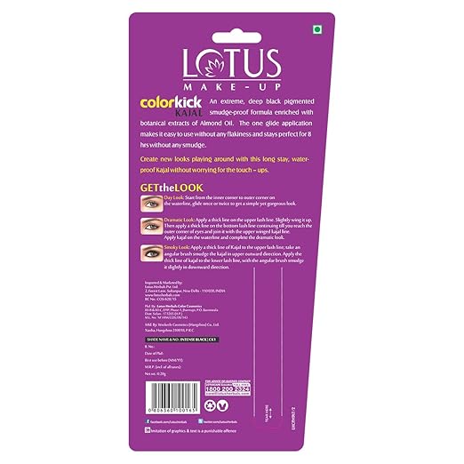 Lotus Make-Up Colorkick Kajal Black | Pencil Stick | Smudge Proof | Water Proof | Natural Ingredients | 0.28g