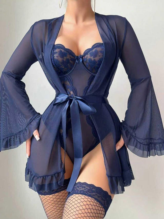 "Jewel-Toned Elegance: 2-Piece Lace Bodysuit and Ruffle Trim Robe" Lingerie