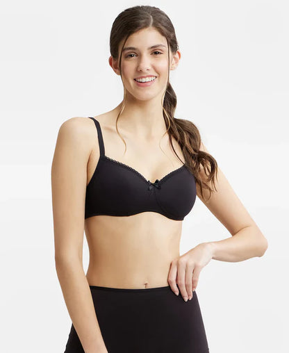 Jockey 1723 T-Shirt Bra| Wirefree | Padded | Medium Coverage | Lace Styling with Adjustable Straps | Super Combed Cotton Elastane Fabric
