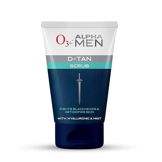 O3+ ALPHA MEN Acno D-TAN Scrub With Hyaluronic & Mint 50g - Detan Scrub for TAN removal  Fights Blackheads & Detoxifies Skin