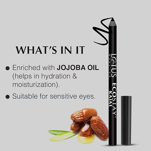 Lotus Makeup Ecostay Kajal | Kohl Pencil | Long-Lasting | Intense Black | Waterproof & Smudgeproof | Suitable for Sensitive eyes | 1.2gms