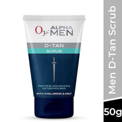 O3+ ALPHA MEN Acno D-TAN Scrub With Hyaluronic & Mint 50g - Detan Scrub for TAN removal  Fights Blackheads & Detoxifies Skin