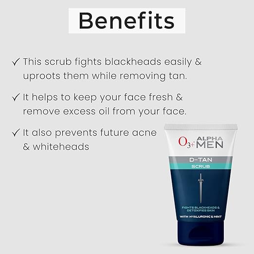 O3+ ALPHA MEN Acno D-TAN Scrub With Hyaluronic & Mint 50g - Detan Scrub for TAN removal  Fights Blackheads & Detoxifies Skin