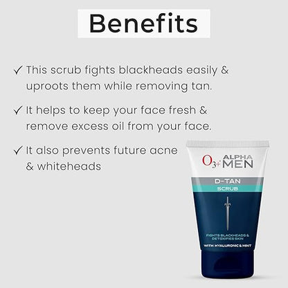 O3+ ALPHA MEN Acno D-TAN Scrub With Hyaluronic & Mint 50g - Detan Scrub for TAN removal  Fights Blackheads & Detoxifies Skin