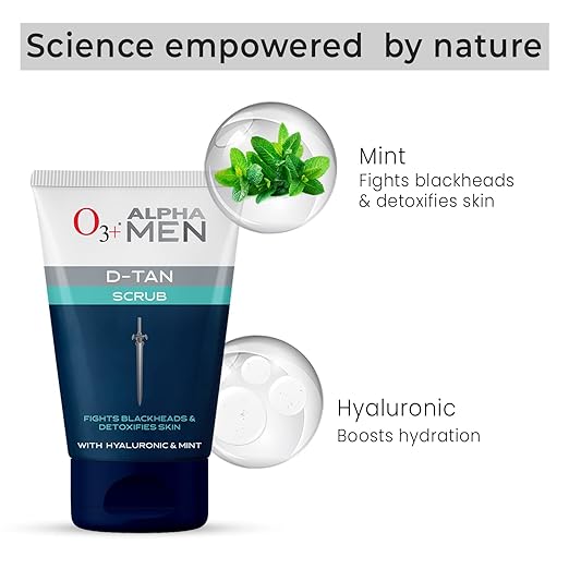 O3+ ALPHA MEN Acno D-TAN Scrub With Hyaluronic & Mint 50g - Detan Scrub for TAN removal  Fights Blackheads & Detoxifies Skin
