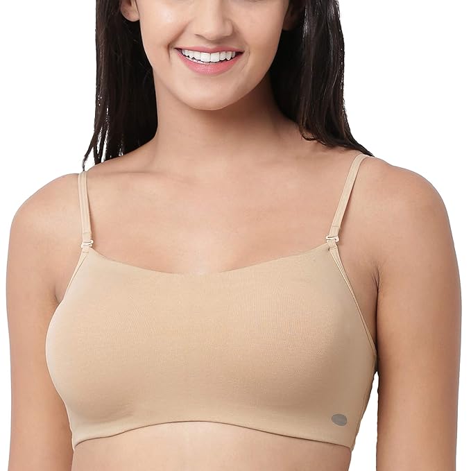 Enamor Moulded Double Layer Front Women's Cotton Cami Bra - Detachable Slim Straps with Back Keyhole, Non Padded, Wirefree, High Coverage - A022