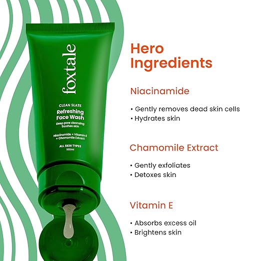 Foxtale Refreshing Face Wash for Deep Cleansing with Niacinamide, Hydrates & Brightens, Non-Drying Cleanser for Glowing Skin, Men & Women, For All Skin Types - 100 ml
