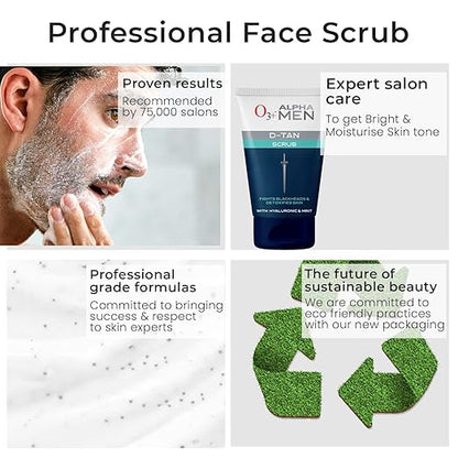 O3+ ALPHA MEN Acno D-TAN Scrub With Hyaluronic & Mint 50g - Detan Scrub for TAN removal  Fights Blackheads & Detoxifies Skin