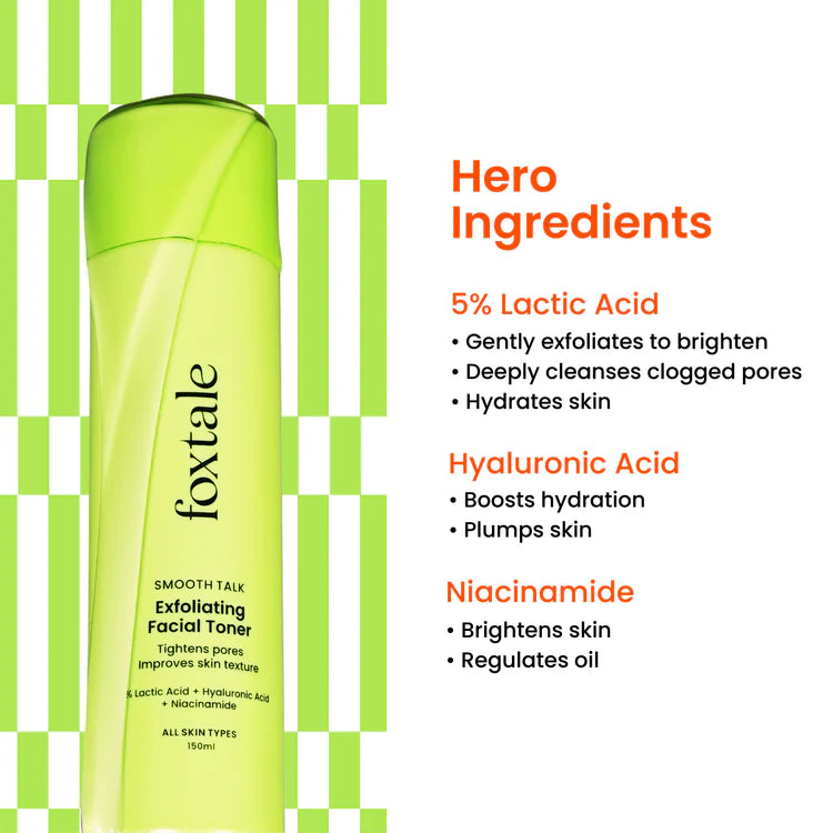 Foxtale Exfoliating Facial Toner 5% Lactic Acid + Niacinamide for brighter skin & tighter pores | 150 ml