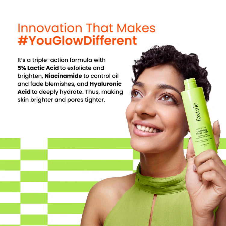 Foxtale Exfoliating Facial Toner 5% Lactic Acid + Niacinamide for brighter skin & tighter pores | 150 ml