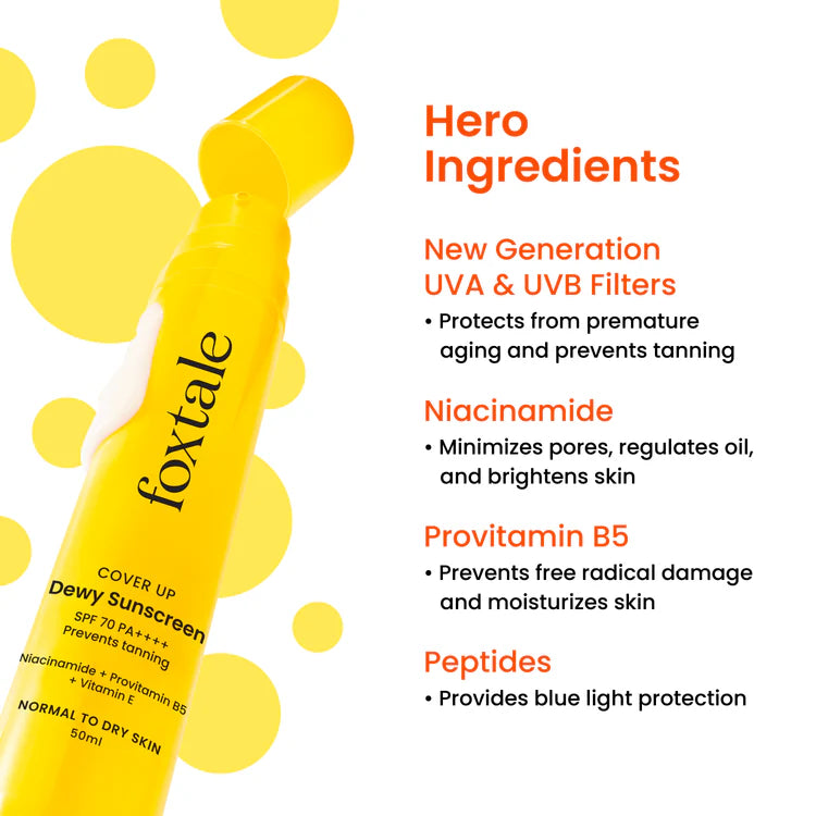 Foxtale SPF 70 Dewy Finish Sunscreen for Dry Skin Provides protection from UV rays and enhances overall complexion | 50ml