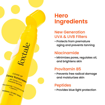 Foxtale SPF 70 Dewy Finish Sunscreen for Dry Skin Provides protection from UV rays and enhances overall complexion | 50ml