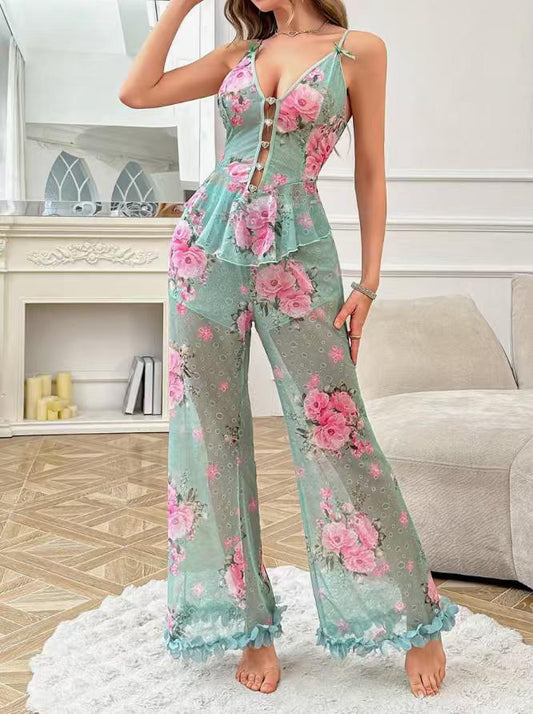 "Ethereal Bloom: 2-Piece Floral Mesh Camisole & Ruffle Trouser Set" Lingerie