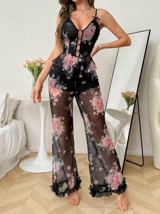 "Ethereal Bloom: 2-Piece Floral Mesh Camisole & Ruffle Trouser Set" Lingerie