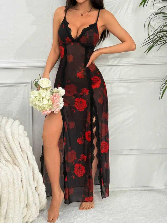 "Noir Bloom High-Slit Nighty: Dark Floral Mesh Chemise" Lingerie